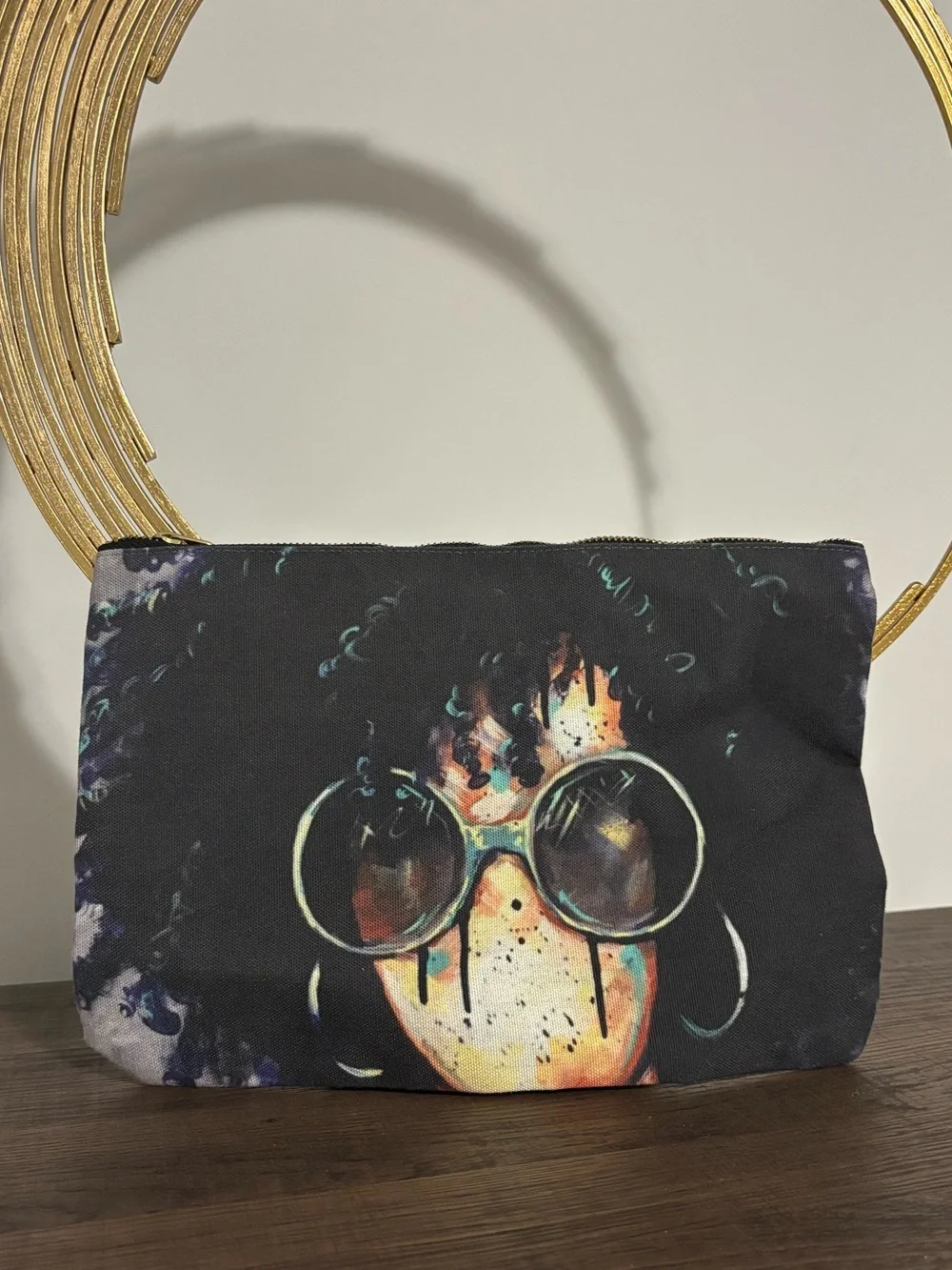 Black Graphic Art Clutch Bag with Sunglasses Portrait
